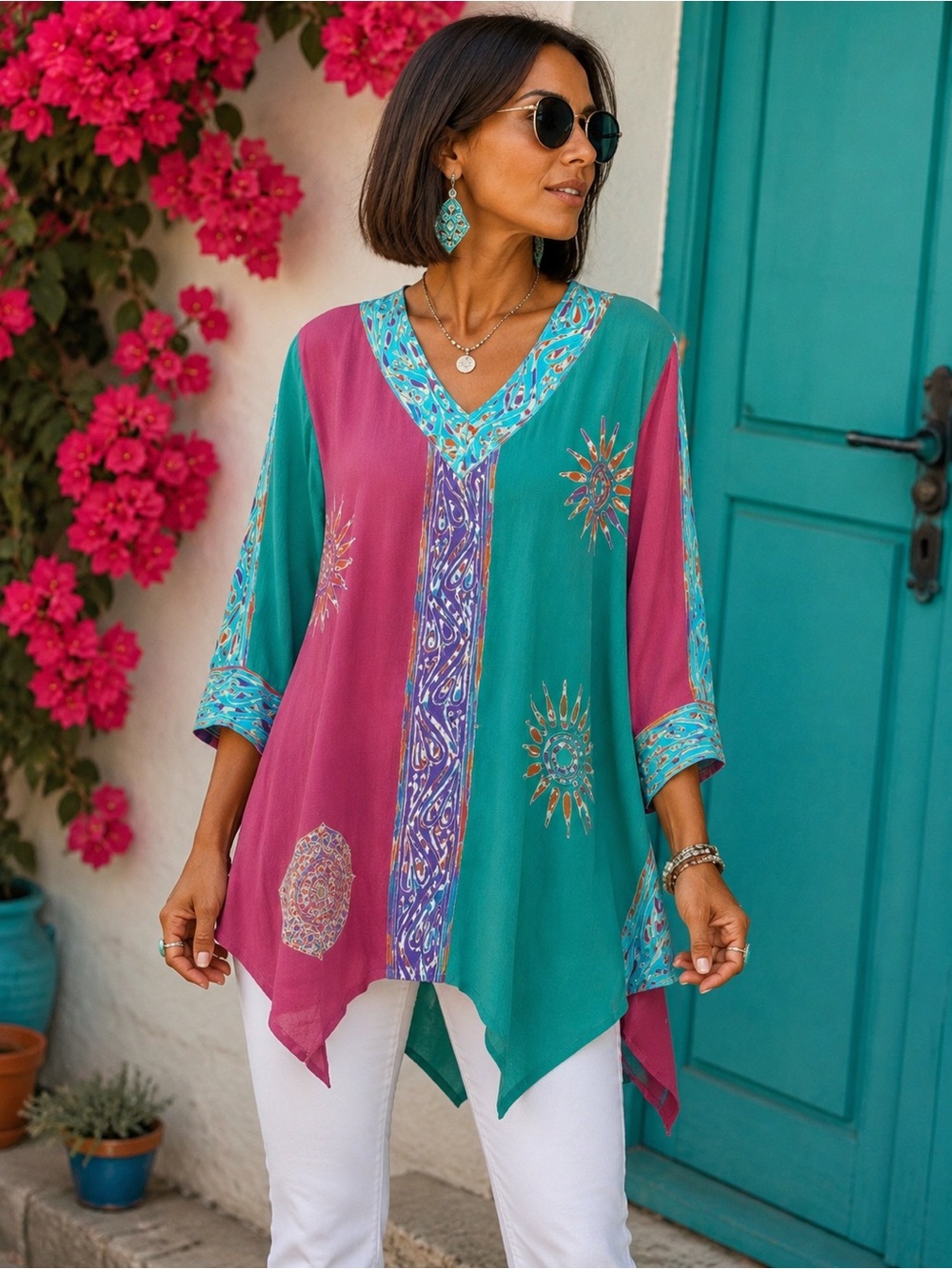 SOFT SURROUNDINGS Mystik Batik Celestial Sun Hi-low Hem Tunic Top Size Medium